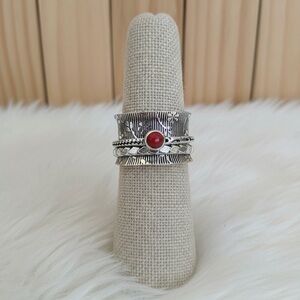 New Boho Silver Spinner Ring Red Cabochon Wide Band Ring